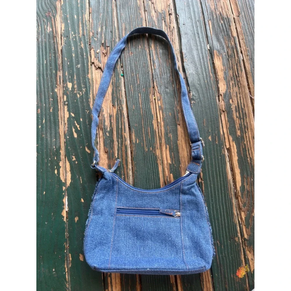 Denim Blues Patchwork Hobo Bag Blue Cream Frayed Crossbody Vintage Style